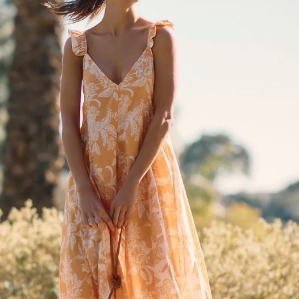 Maaji Honey Lily Maxi Dress Orange Floral Tassel Tie Back Size S